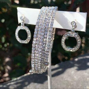 Rhinestone dangle drop crystal earrings with silver CZ wrap bracelet set prom